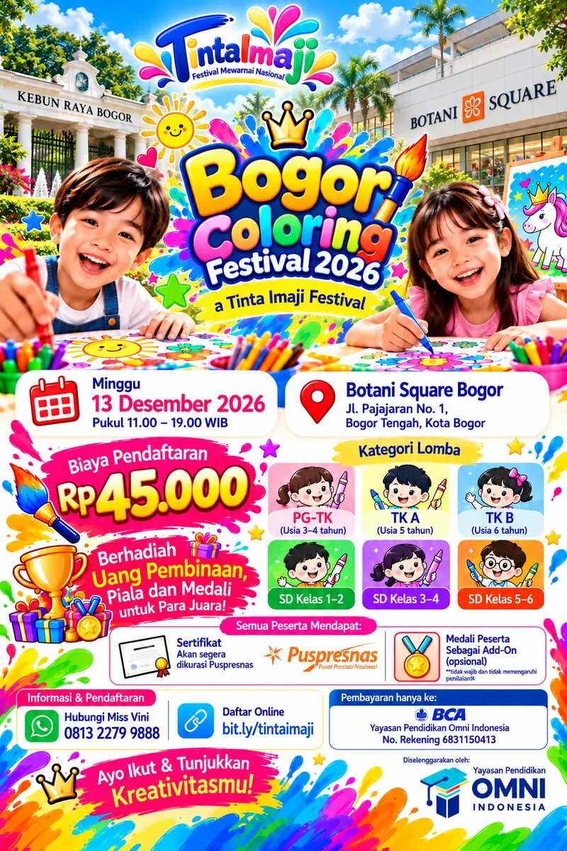 Poster Bogor Coloring Festival 2026 - Lomba Mewarnai Anak PAUD TK dan SD di Botani Square Bogor