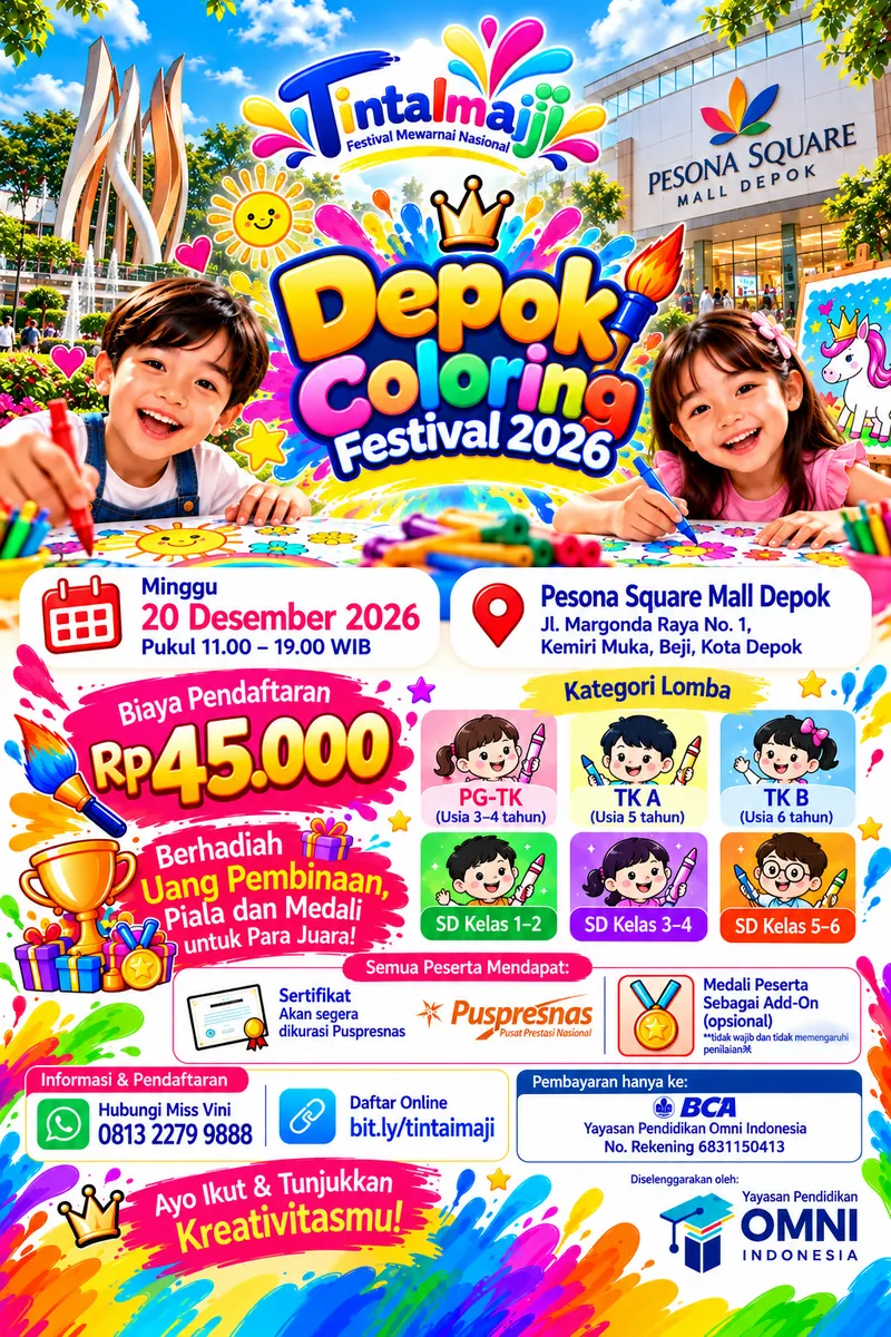Depok Coloring Festival 2026 - Lomba Mewarnai Anak PAUD TK dan SD di Pesona Square Mall Depok